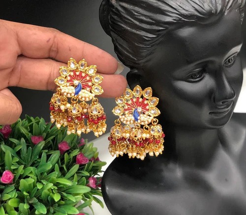 Gold Plated Meenakari Peacock Jhumki Earrings